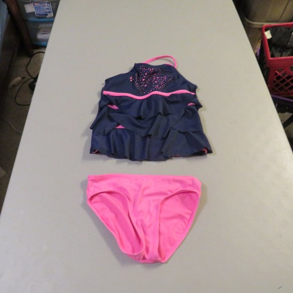 Pink & Blue 2 Pcs Justice Tankini Swimsuit Size 10 - Picture 3 of 13